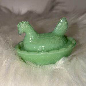Mini vintage Green Glass Hen on Nest Dish